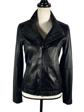 White + Warren Black Leather & Merino wool ribbed knit Jacket fitted Size M